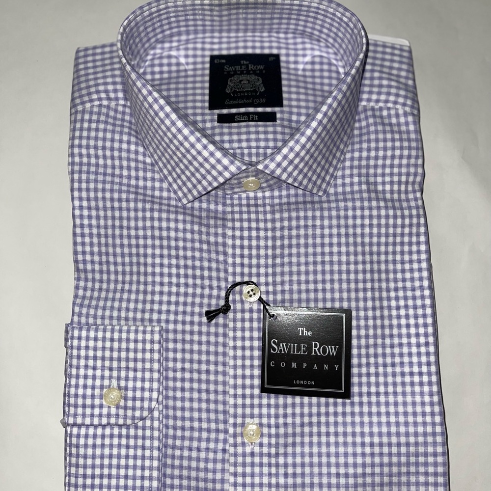 Savile Row mens long sleeve button down shirt Purple plaid size 17 slim fit